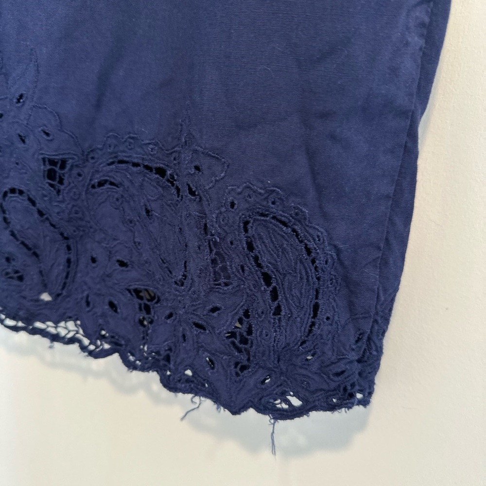 VTG 80s Hibis SzM Navy blue Lightweight midi-length pencil skirt Eyelet lace hem - Picture 5 of 11